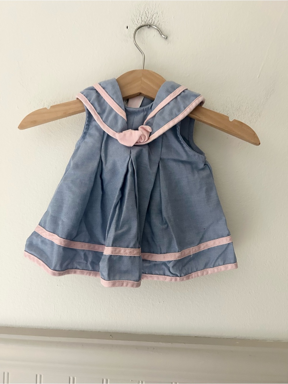 La Princess Premie Blue Sailor Collar Baby Dress Pink Trim